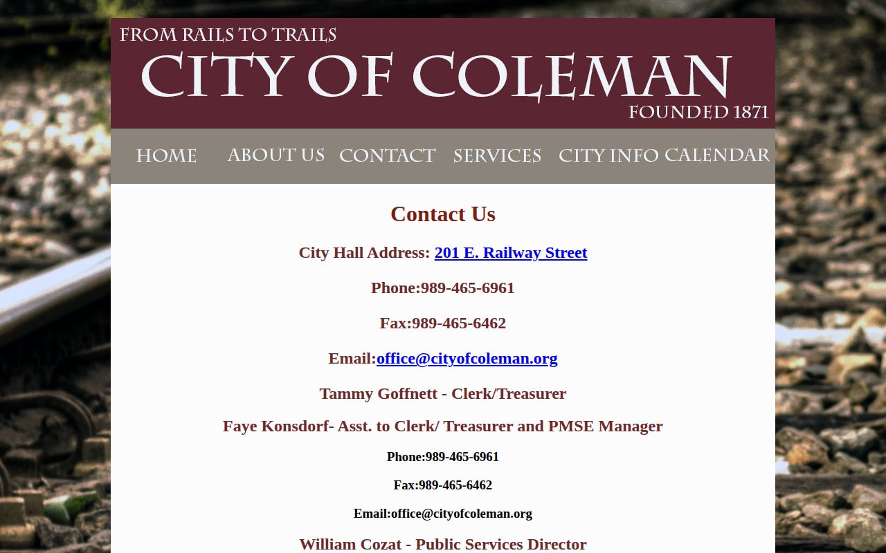 Official City of Coleman contact page showing police and City Hall contact information