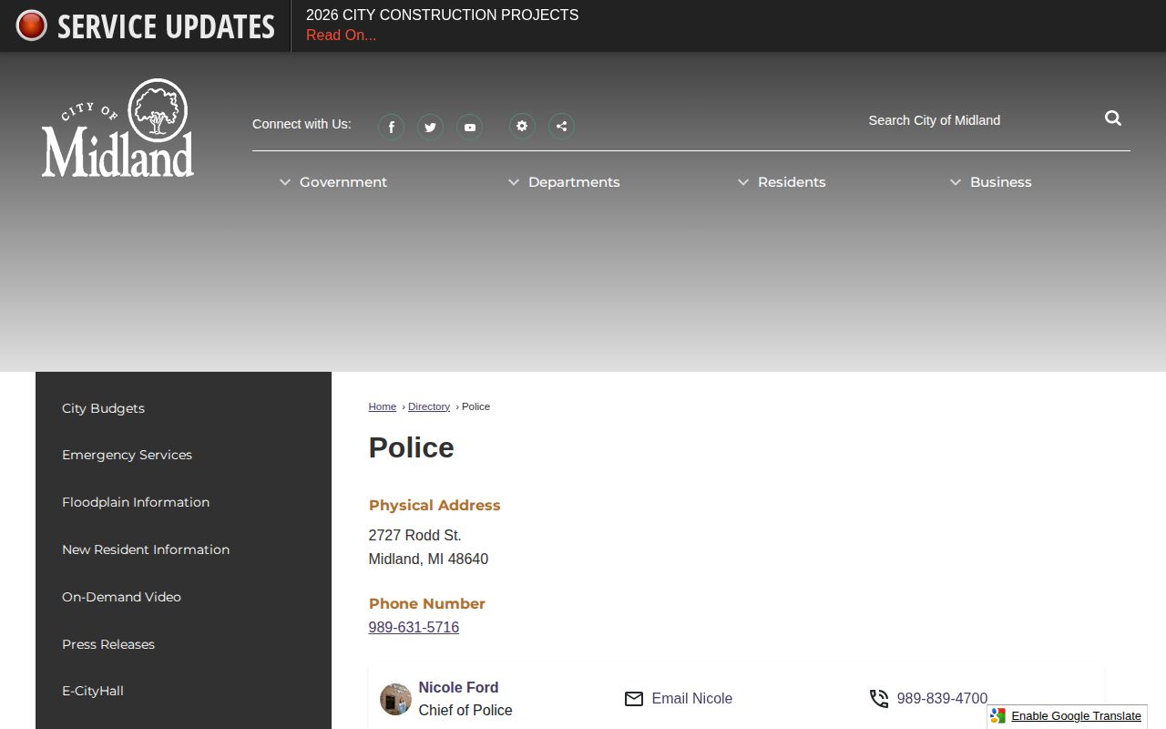 Official Midland Police Department directory with contact information for city arrest records
