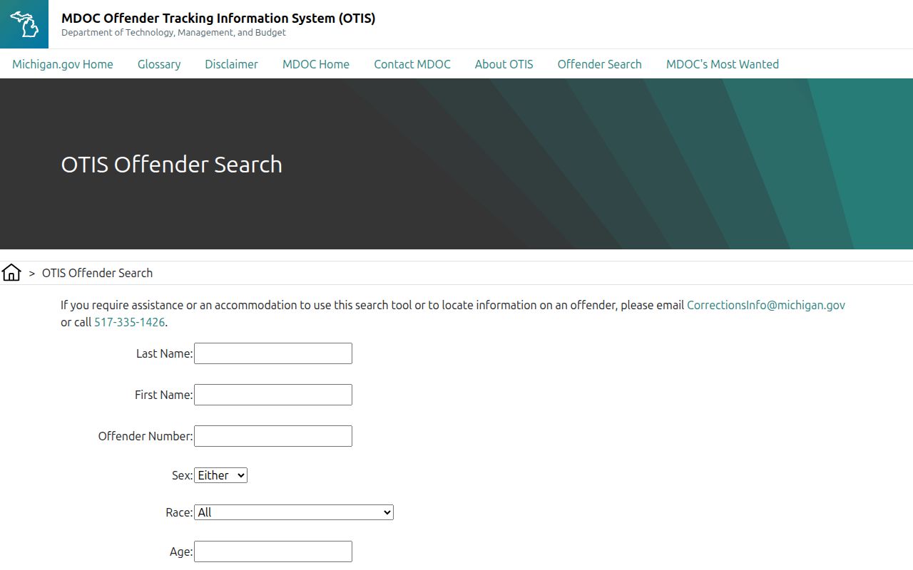 Michigan Department of Corrections OTIS search screen